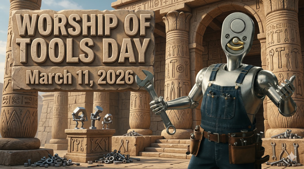 古代エジプト風の神殿を背景に、ラチェットハンドルの頭を持つロボット「ラチェットマン」がレンチを持ってポーズをとっている画像。石碑には「WORSHIP OF TOOLS DAY March 11, 2026」の文字があり、小さなネジやナットが祭壇で礼拝している。