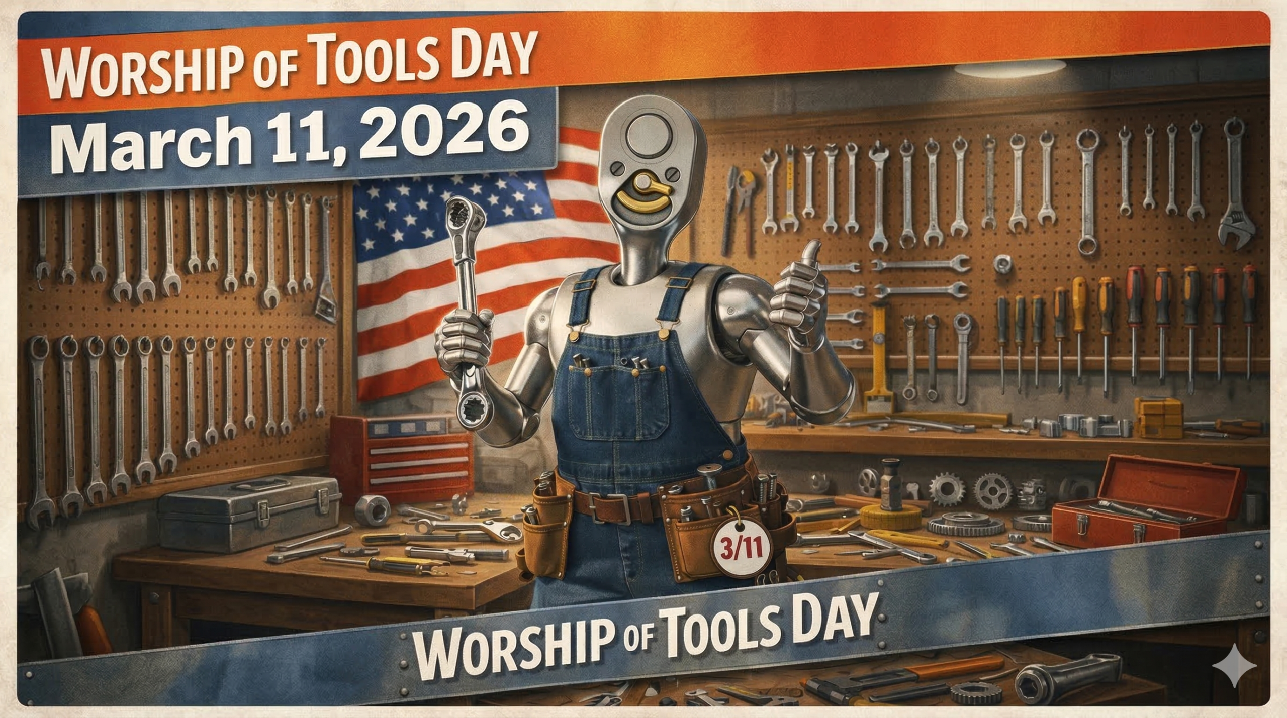 整理整頓されたワークショップで、ラチェットハンドルの頭を持つロボットがサムズアップしているレトロなポスター。上下に「Worship of Tools Day March 11, 2026」のバナーがあり、背景にはアメリカ国旗と工具が並んだペグボードが見える。