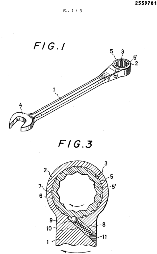 ラチェット機構付きめがねレンチの全体外観図（Fig.1）と、リングヘッド部の正面断面図（Fig.3）。フランス特許FR2559701の図面第1シー