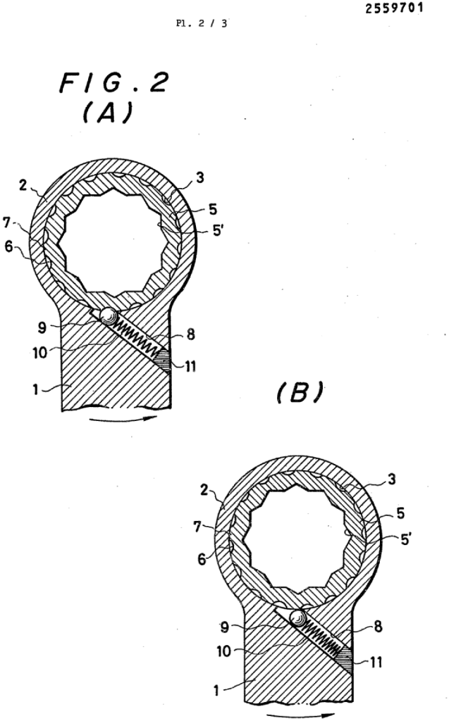 ラチェットヘッド断面図の動作比較。Fig.2(A)は締め付け方向（トルク伝達状態）、Fig.2(B)は戻し方向（空転状態）を示す。フランス特許FR2559701の図面第2シート。