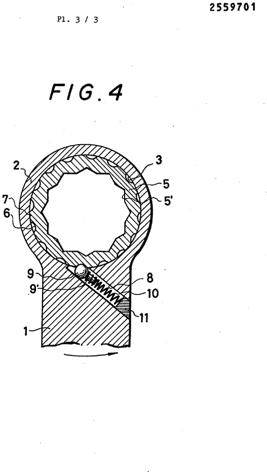 ラチェットヘッドの詳細断面図（Fig.4）。補助ポール爪（9'）を追加した改良構造を示す。フランス特許FR2559701の図面第3シート。