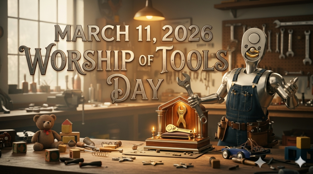 「MARCH 11, 2026 WORSHIP OF TOOLS DAY」の文字と、黄金のレンチが飾られた祭壇の横に立つラチェット頭のロボットのイラスト。