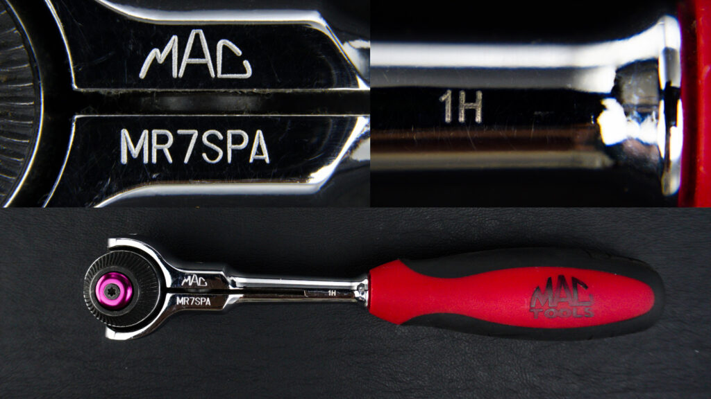 マックツールズ(MAC TOOLS)のスイベルラチェット「MR7SPA」と、製造時期を示すイヤーマーク「1H」の刻印