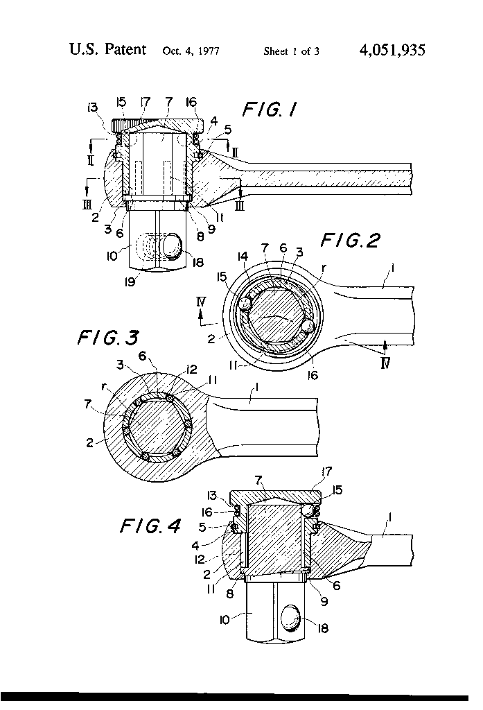 米国特許US4051935Aより引用したNKCギアレスレンチのヘッド部分の全体断面図（FIG.1〜4）。歯車がなく、六角軸とローラーが内蔵されている様子が描かれている。