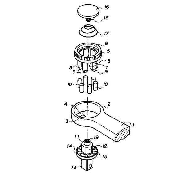 特許公報（特開平5-96473）より引用された、NKCギアレスレンチの内部構造を示す、詳細に番号付けされた分解図。複数のニードルローラー、操作用ダイヤル、レンチ本体が単一の垂直軸に沿って分解され、並べられている。それぞれの部品にはアラビア数字が振られている。
